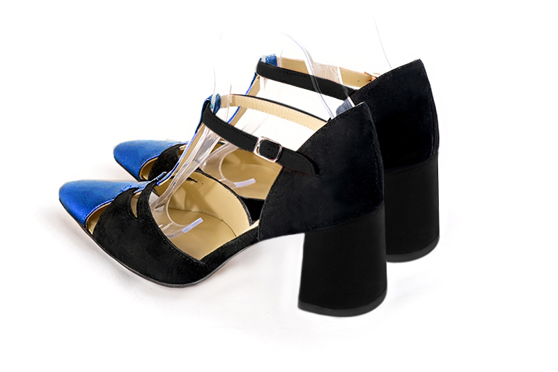 Electric blue and matt black women's T-strap open side shoes. Tapered toe. Medium flare heels. Rear view - Florence KOOIJMAN